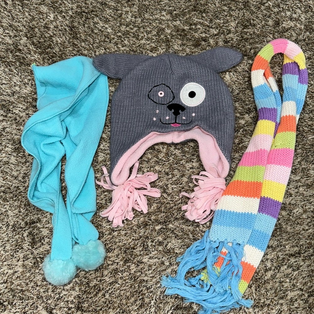 Doggy winter knit hat with Copper Key knit scarf and fleece scarf lot